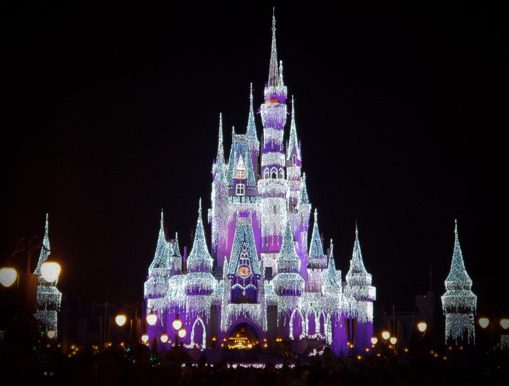 Walt Disney World's Cinderellla Castle  with sparking lights at night