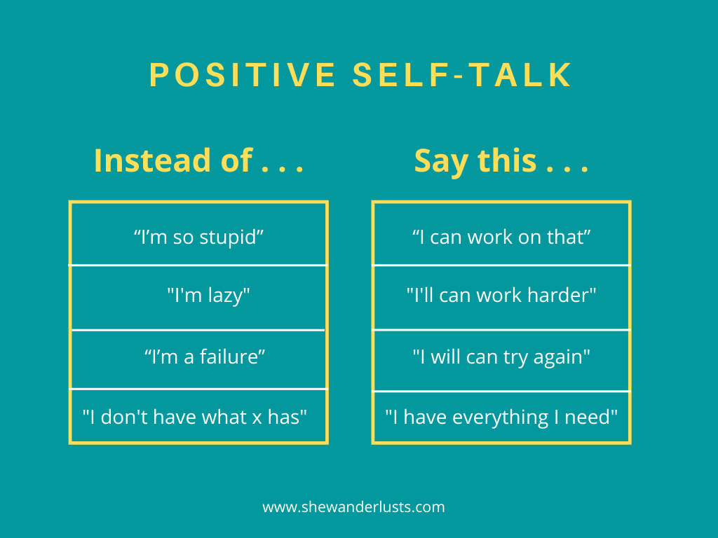 A chart showing how to practice positive self-talk rather than negative self-talk
